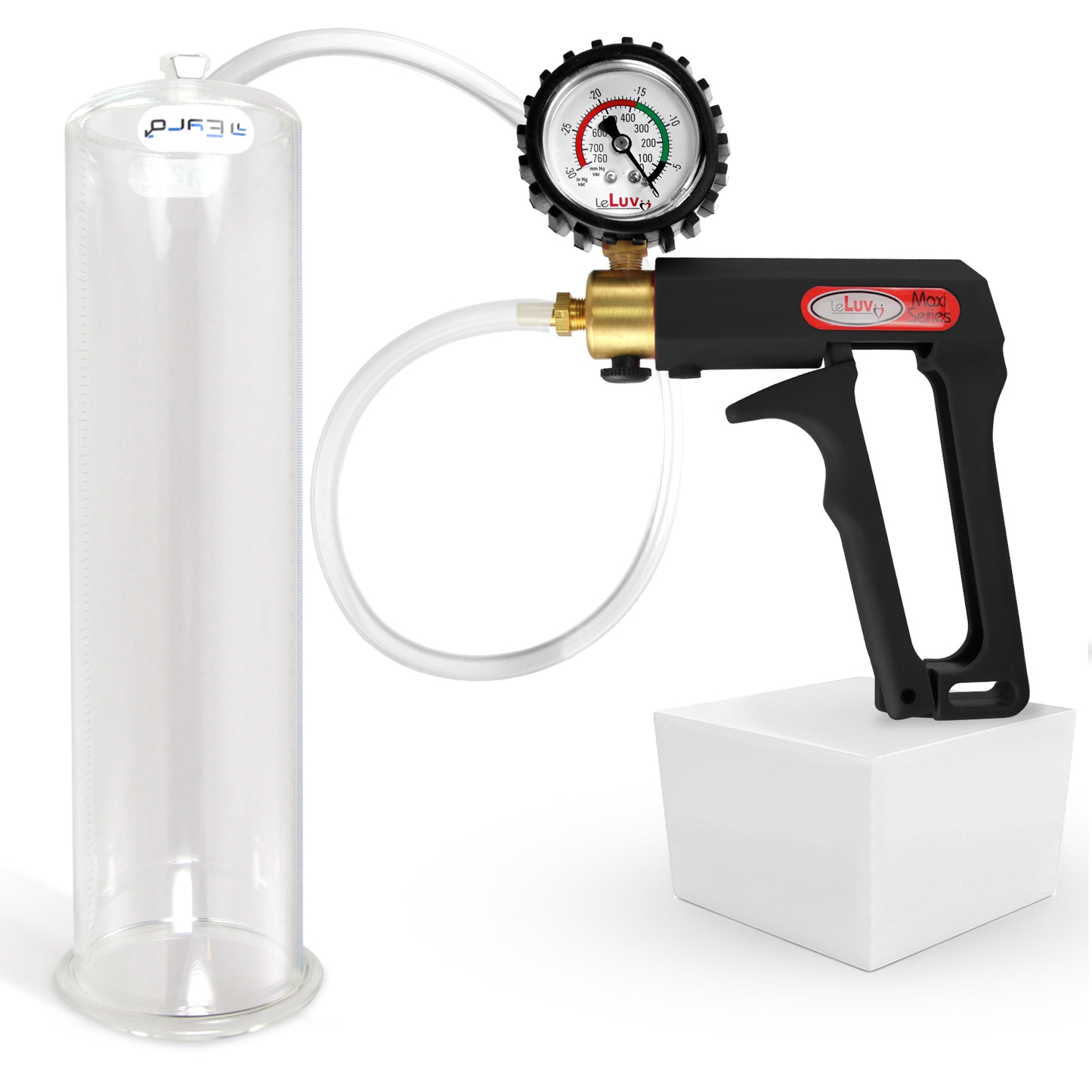 LeLuv Maxi Penis Pump | Black/Grey Handle, Clear Hose, No Gauge | Round Flange Cylinder