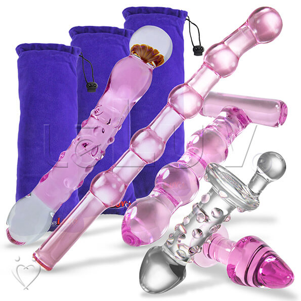 Bundle 5 Item Deluxe Glass Sex Toy Kit BDSM Dildo Butt Plug Set Pink L