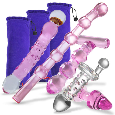 Bundle 5 Item Deluxe Glass Sex Toy Kit BDSM Dildo Butt Plug Set Pink Lover