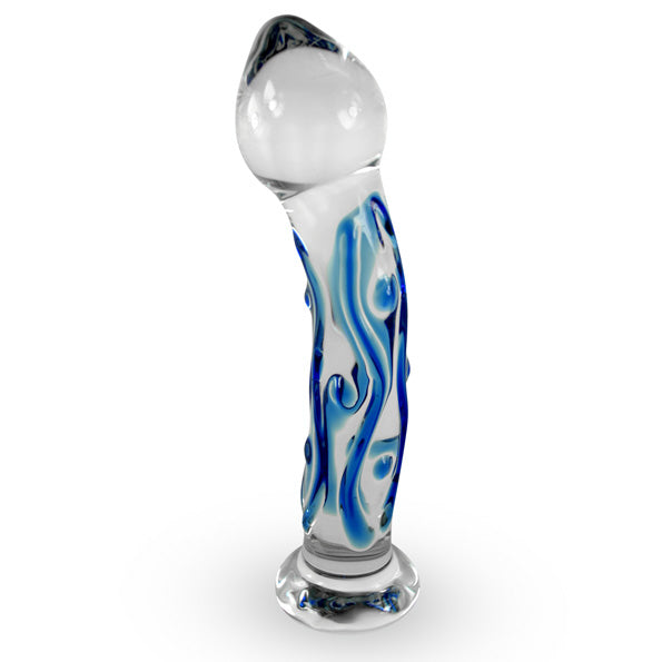 LeLuv Pointed Bulb Head Blue Lines and Dots Bent Shaft Flat Base Dildo