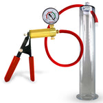 LeLuv® Brass Ultima Penis Pump - Red Rubber Grip, Silicone Hose with Wide Flange Cylinder - Choose Length & Diameter