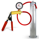 LeLuv® Brass Ultima Penis Pump - Red Rubber Grip, Silicone Hose with Wide Flange Cylinder - Choose Length & Diameter