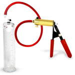 LeLuv® Brass Ultima Penis Pump - Red Rubber Grip, Silicone Hose with Wide Flange Cylinder - Choose Length & Diameter