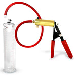 LeLuv® Brass Ultima Penis Pump - Red Rubber Grip, Silicone Hose with Wide Flange Cylinder - Choose Length & Diameter