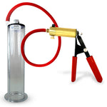 LeLuv® Brass Ultima Penis Pump - Red Rubber Grip, Silicone Hose with Wide Flange Cylinder - Choose Length & Diameter