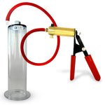 LeLuv® Brass Ultima Penis Pump - Red Rubber Grip, Silicone Hose with Wide Flange Cylinder - Choose Length & Diameter