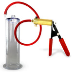 LeLuv® Brass Ultima Penis Pump - Red Rubber Grip, Silicone Hose with Wide Flange Cylinder - Choose Length & Diameter