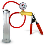 LeLuv® Brass Ultima Penis Pump - Red Rubber Grip, Silicone Hose with Wide Flange Cylinder - Choose Length & Diameter