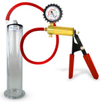 LeLuv® Brass Ultima Penis Pump - Red Rubber Grip, Silicone Hose with Wide Flange Cylinder - Choose Length & Diameter