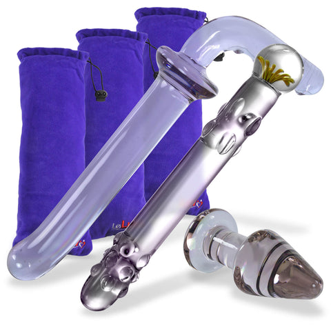 Bundle 3 Pyrex Glass Dildo Gift Set Anal & Vaginal Sex Toy Kit Purple Lust