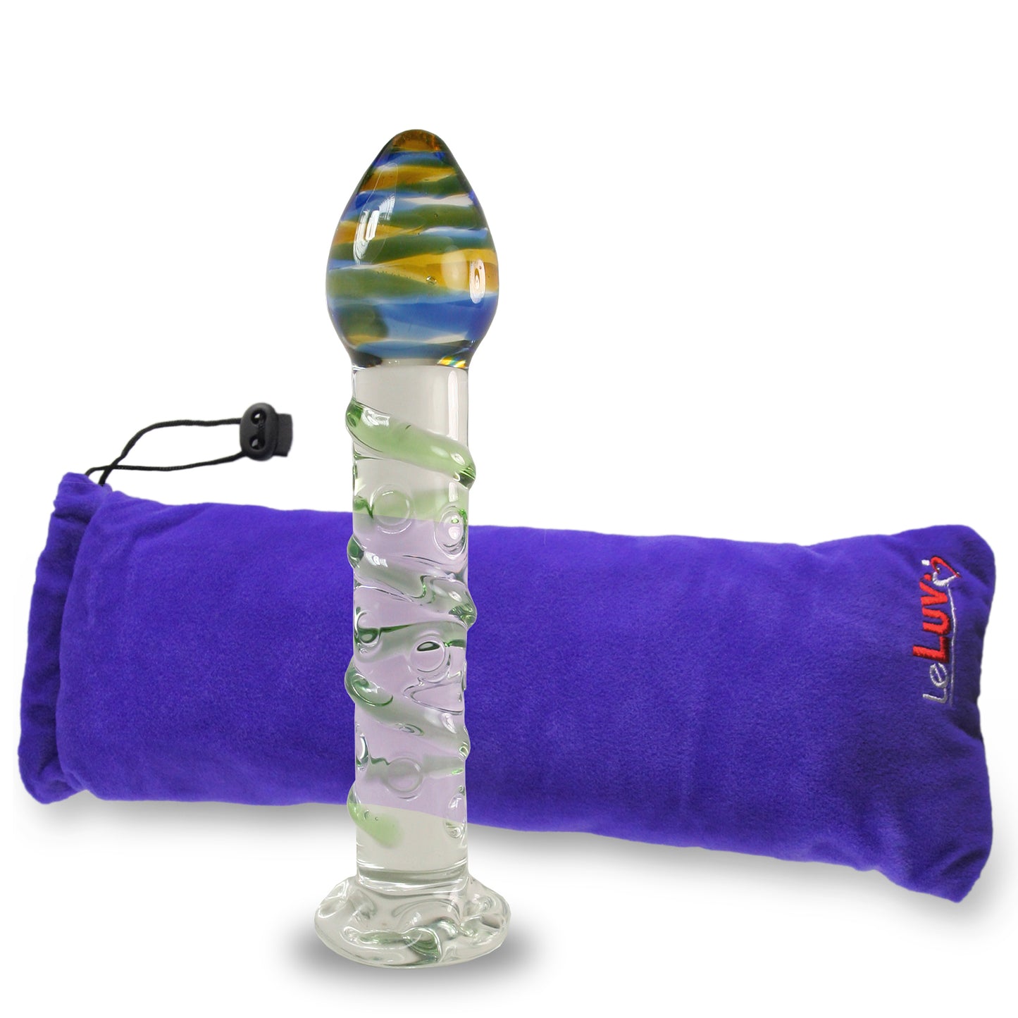 Glass Dildo Probe Spiral Dots Flat Base Amber Green