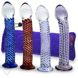 Glass Twisted Texture 7 Inch Curved Shaft & Pointed Tip Standing Dildo