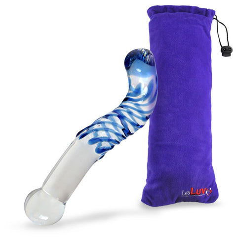 LeLuv Glass Small G-Spot Hook with Blue Swirls Dildo