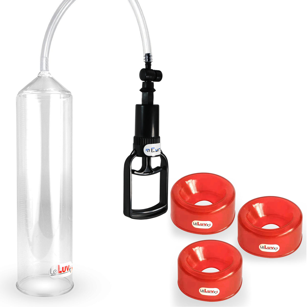 LeLuv Tgrip Handle EasyOp Penis Pump + TPR Sleeves 3 Pack - Clear Hose, 2.0" Cylinder