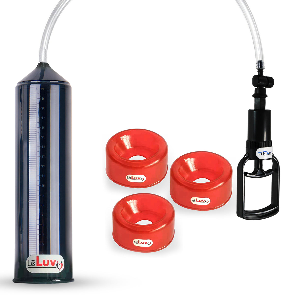 LeLuv Tgrip Handle EasyOp Penis Pump + TPR Sleeves 3 Pack - Clear Hose, 2.0" Cylinder