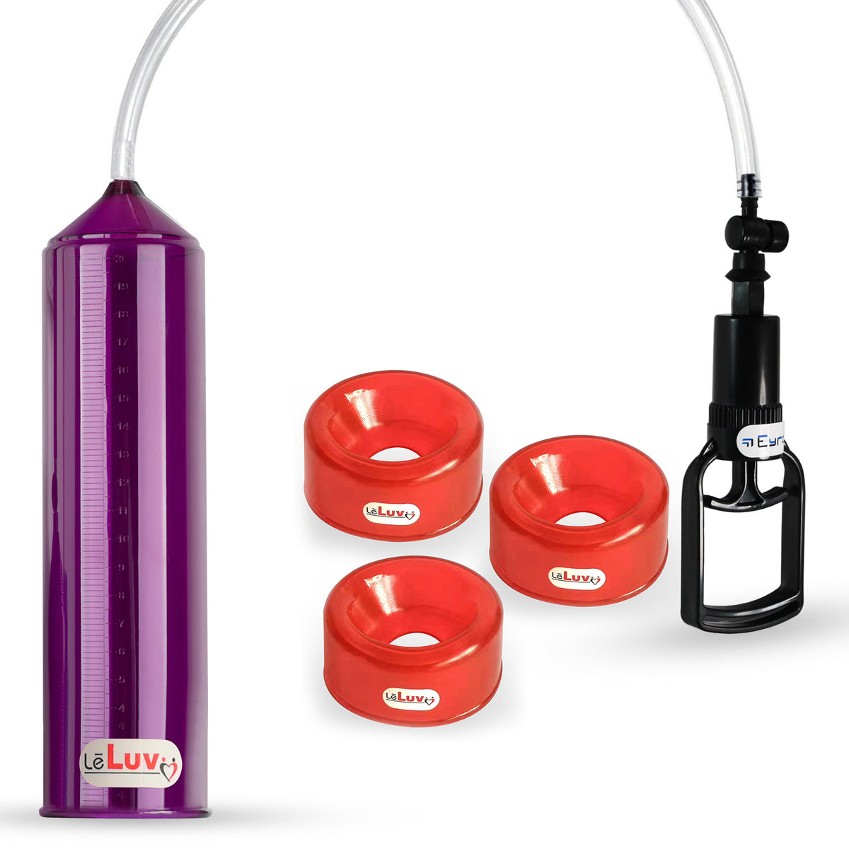 LeLuv Tgrip Handle EasyOp Penis Pump + TPR Sleeves 3 Pack - Clear Hose, 2.0" Cylinder