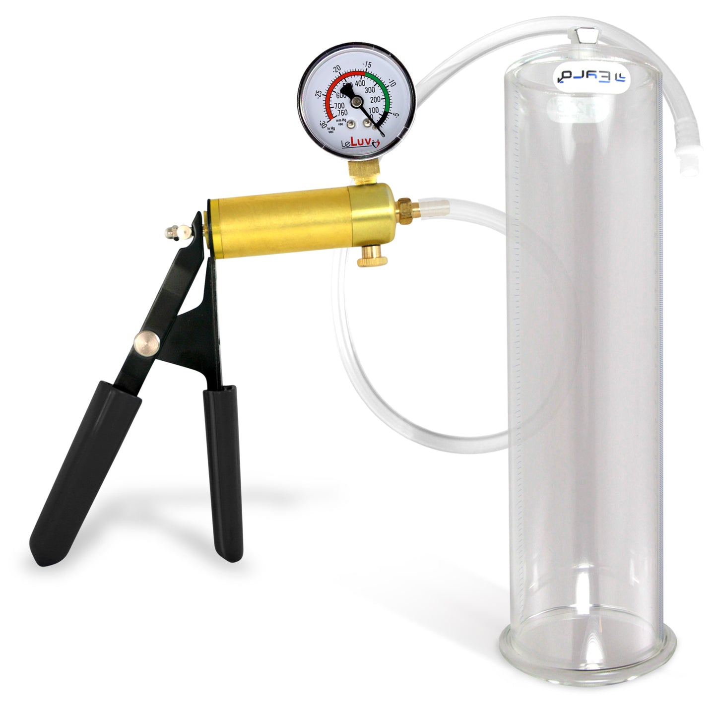 LeLuv® Ultima Penis Pump, Black Rubber Grip, Clear Hose - Round Flange Cylinders