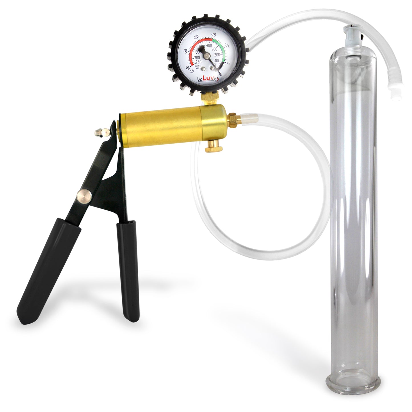 LeLuv® Ultima Penis Pump, Black Rubber Grip, Clear Hose - Round Flange Cylinders
