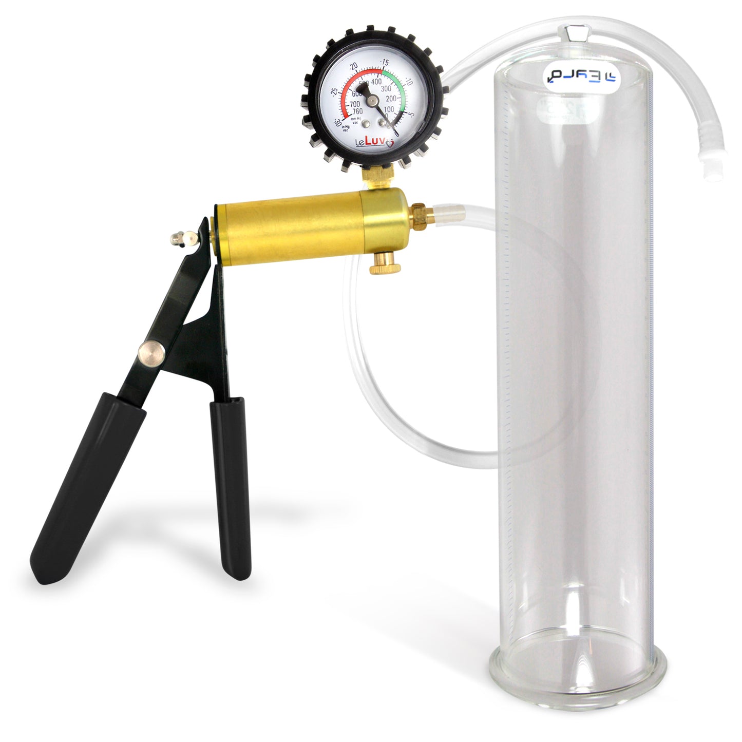 LeLuv® Ultima Penis Pump, Black Rubber Grip, Clear Hose - Round Flange Cylinders