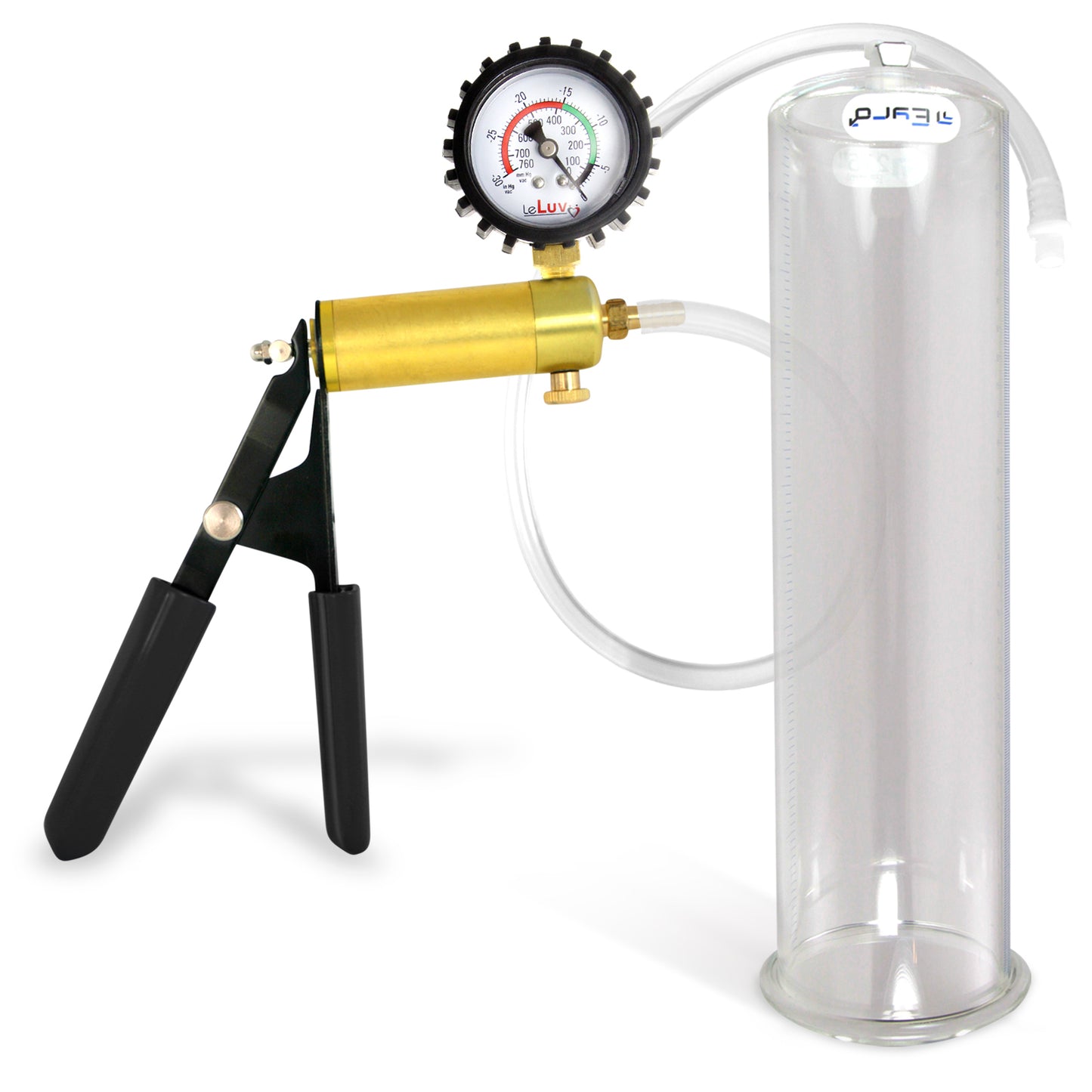 LeLuv® Ultima Penis Pump, Black Rubber Grip, Clear Hose - Round Flange Cylinders