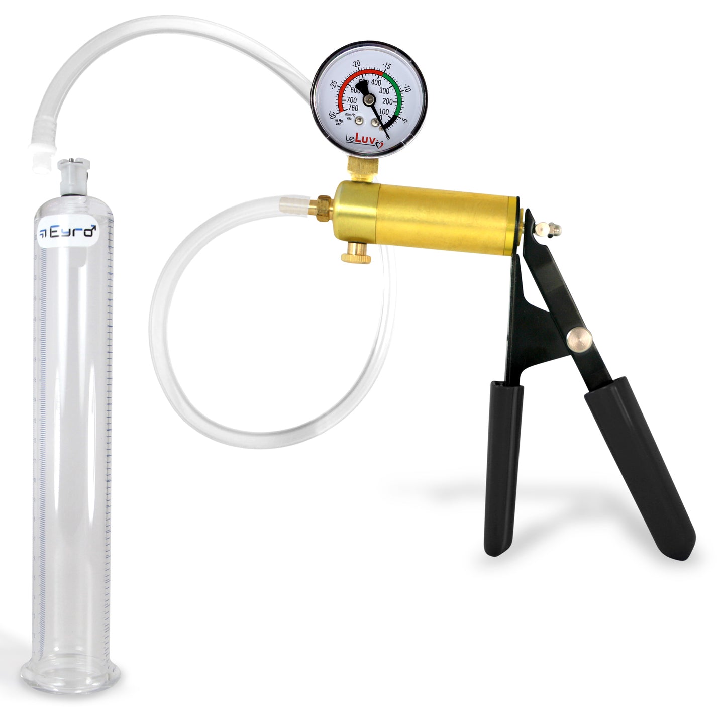 LeLuv® Ultima Penis Pump, Black Rubber Grip, Clear Hose - Round Flange Cylinders