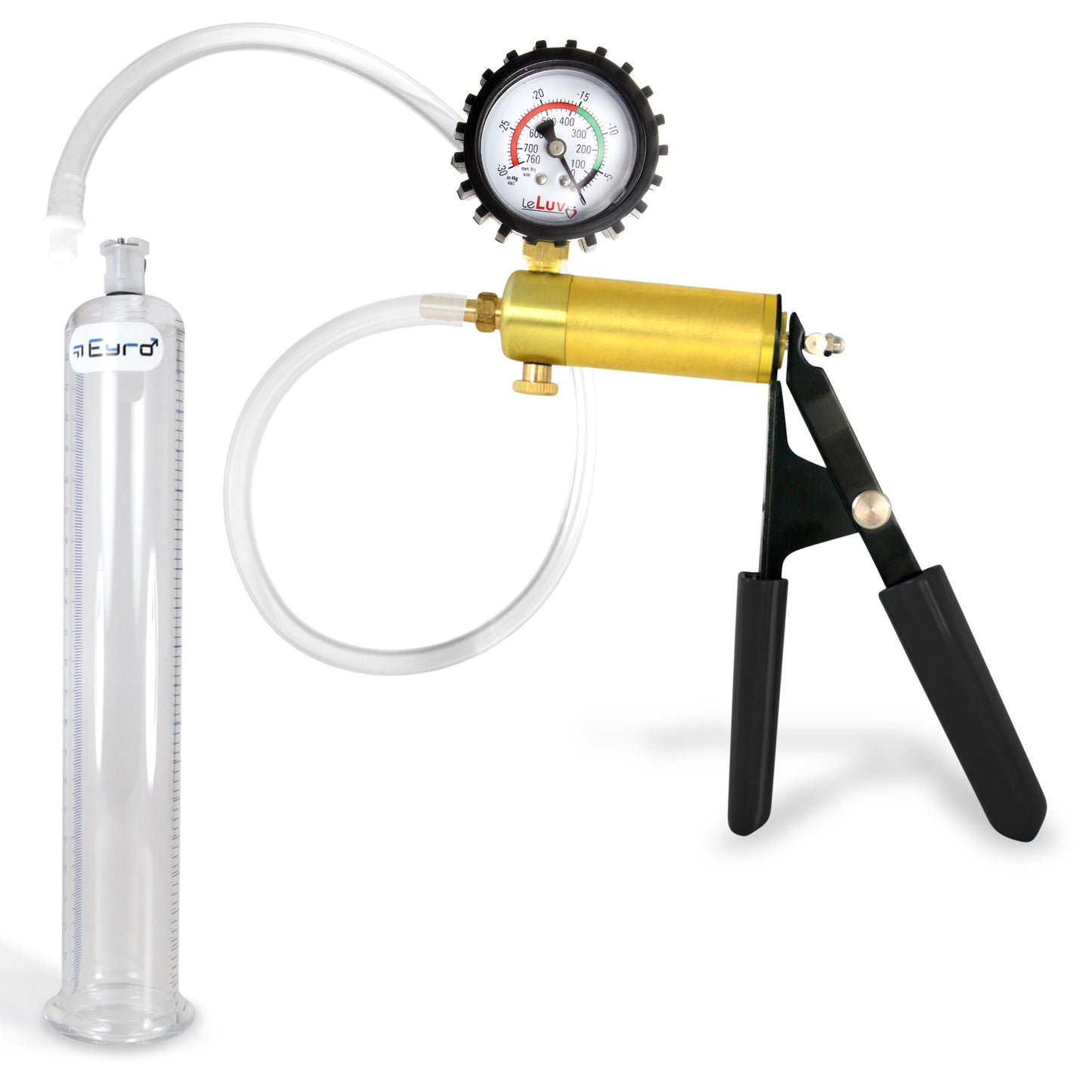 LeLuv® Ultima Penis Pump, Black Rubber Grip, Clear Hose - Round Flange Cylinders
