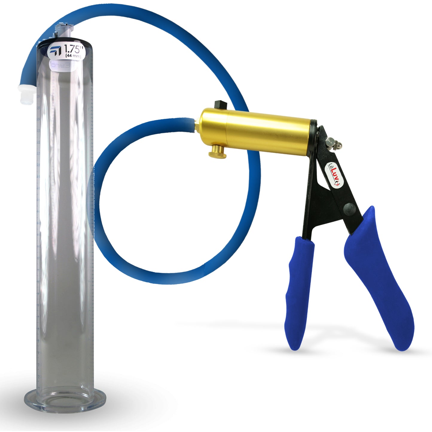 LeLuv® Ultima Brass Penis Pump - Blue Silicone Grip and Hose with Wide Flange Cylinders