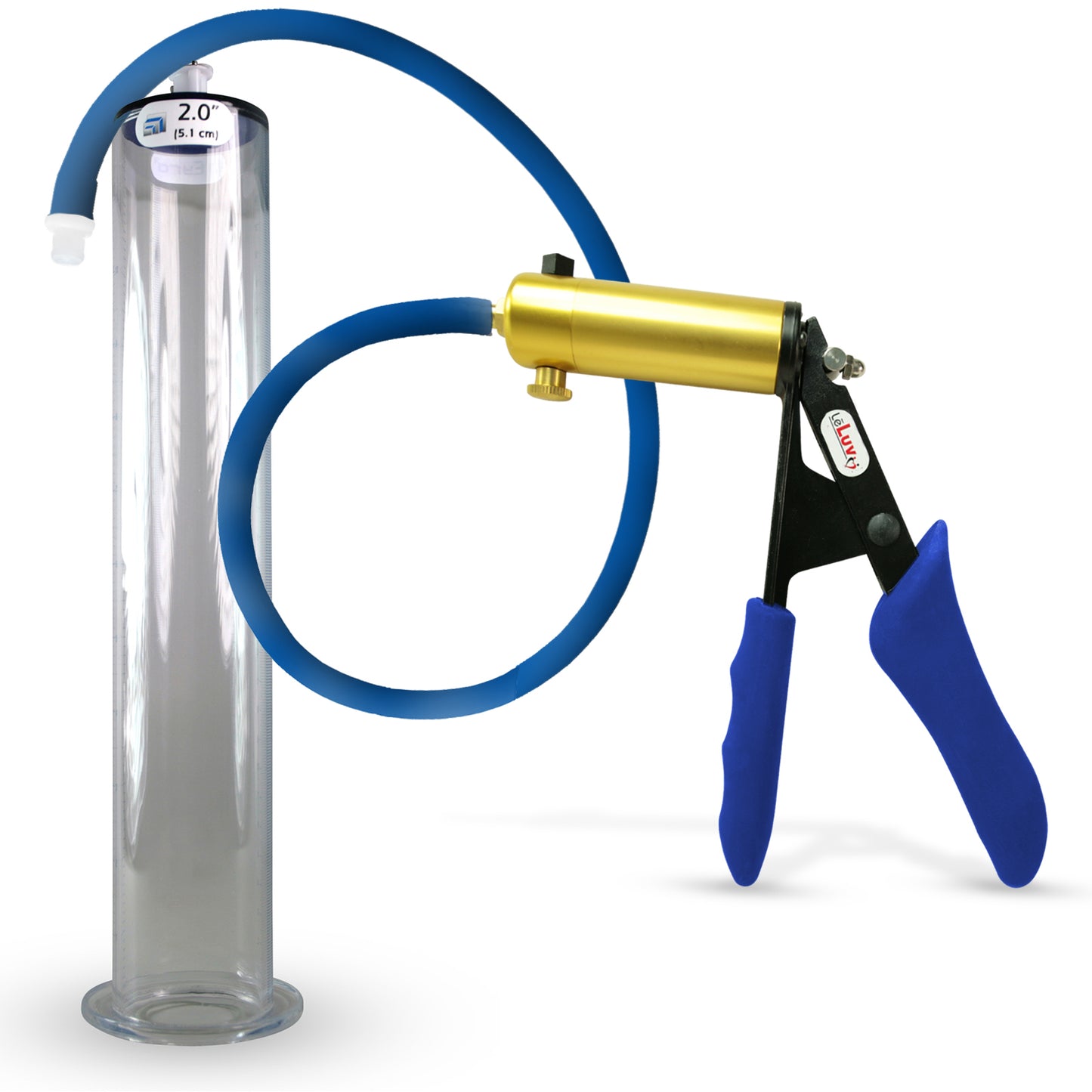 LeLuv® Ultima Brass Penis Pump - Blue Silicone Grip and Hose with Wide Flange Cylinders