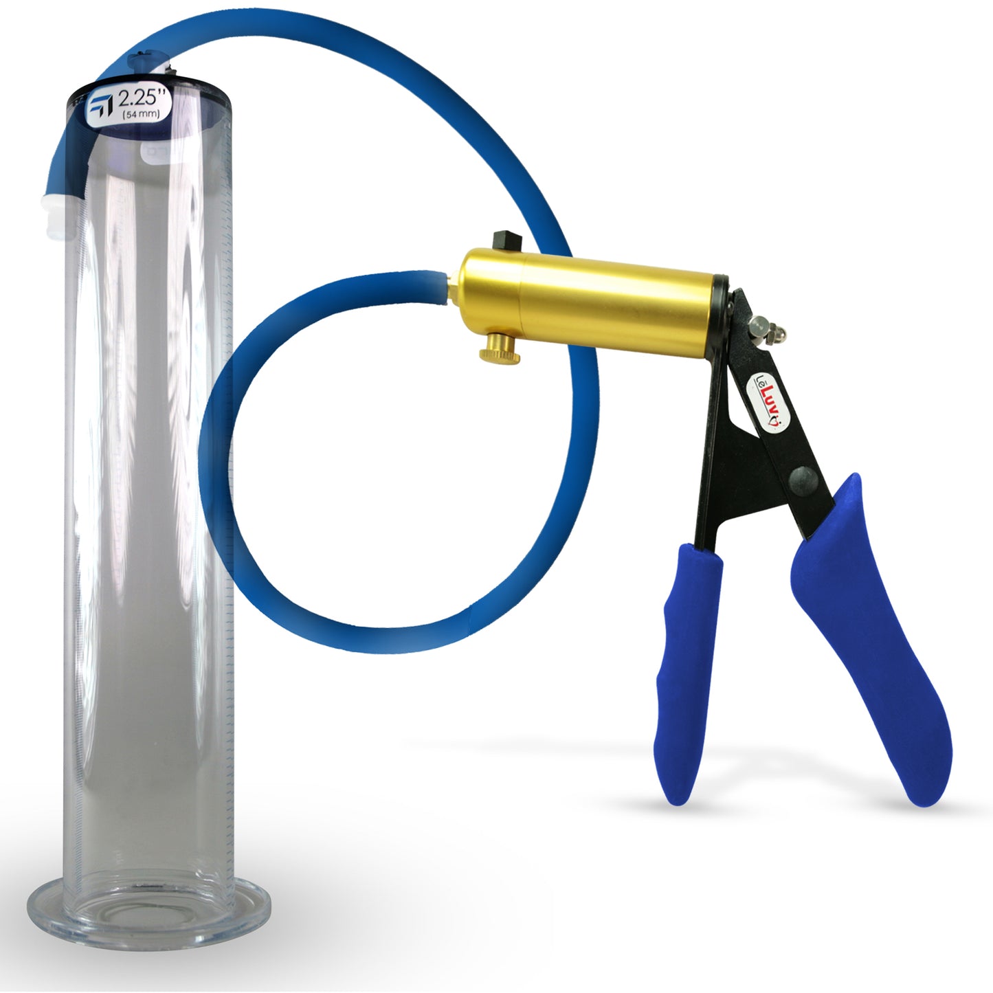 LeLuv® Ultima Brass Penis Pump - Blue Silicone Grip and Hose with Wide Flange Cylinders