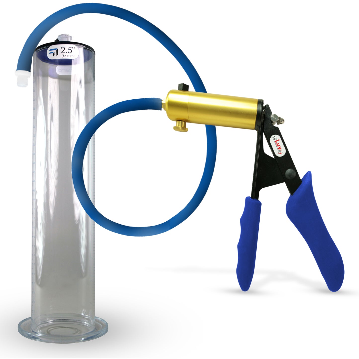 LeLuv® Ultima Brass Penis Pump - Blue Silicone Grip and Hose with Wide Flange Cylinders