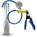 LeLuv® Ultima Brass Penis Pump - Blue Silicone Grip and Hose with Wide Flange Cylinders