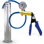 LeLuv® Ultima Brass Penis Pump - Blue Silicone Grip and Hose with Wide Flange Cylinders