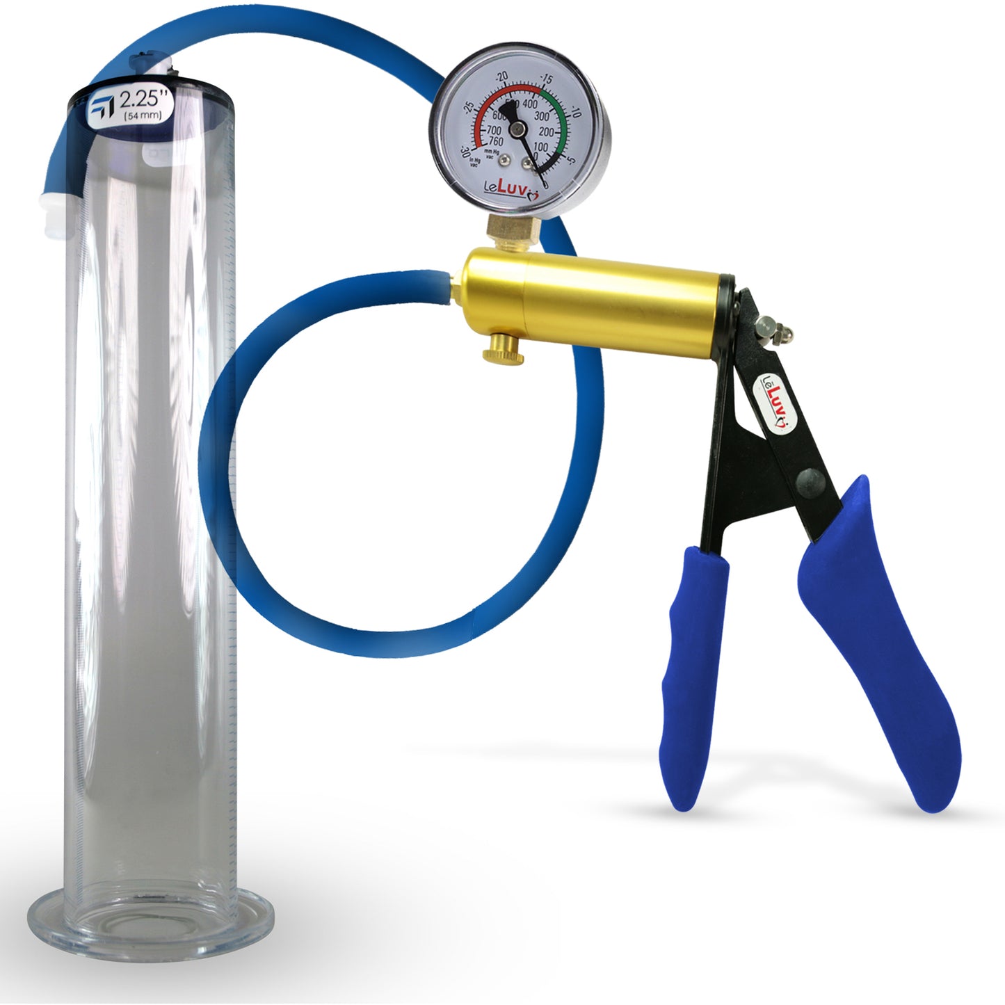LeLuv® Ultima Brass Penis Pump - Blue Silicone Grip and Hose with Wide Flange Cylinders