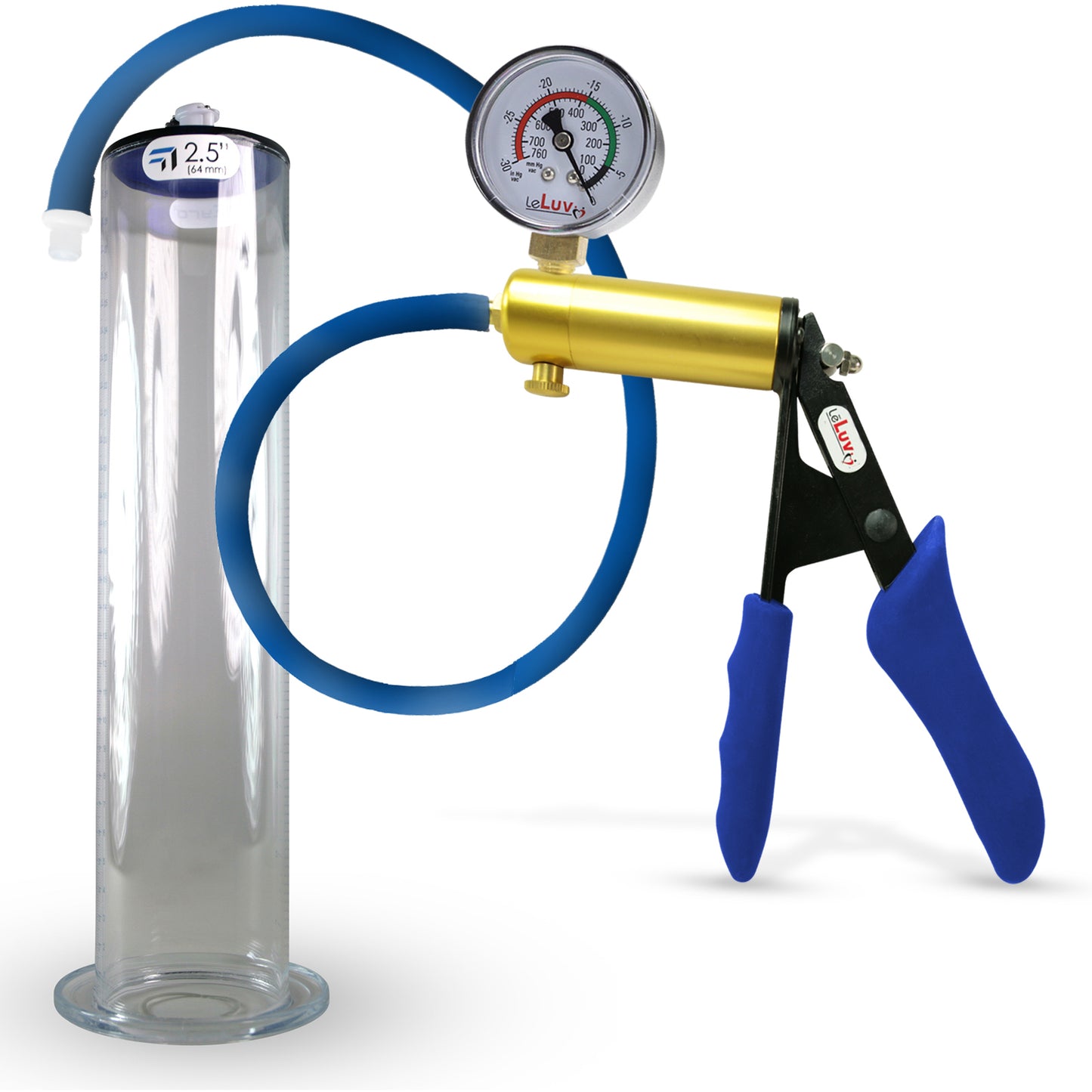 LeLuv® Ultima Brass Penis Pump - Blue Silicone Grip and Hose with Wide Flange Cylinders