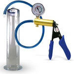 LeLuv® Ultima Brass Penis Pump - Blue Silicone Grip and Hose with Wide Flange Cylinders