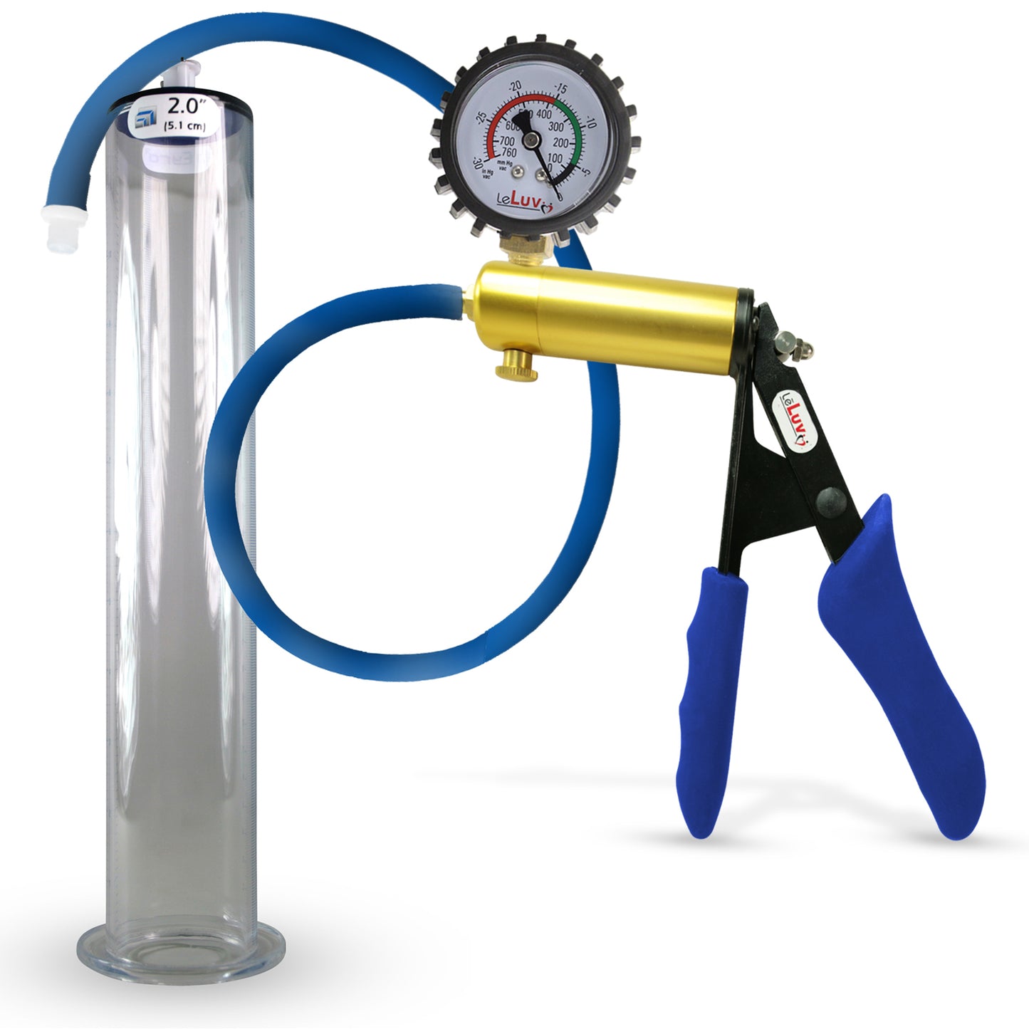LeLuv® Ultima Brass Penis Pump - Blue Silicone Grip and Hose with Wide Flange Cylinders