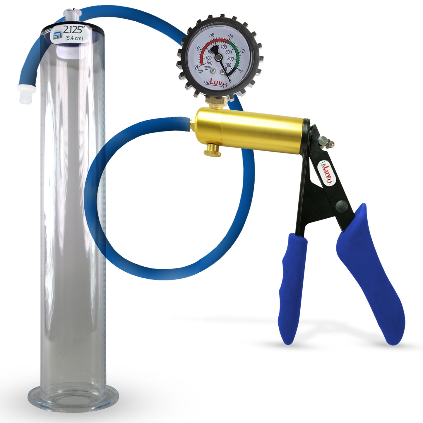 LeLuv® Ultima Brass Penis Pump - Blue Silicone Grip and Hose with Wide Flange Cylinders