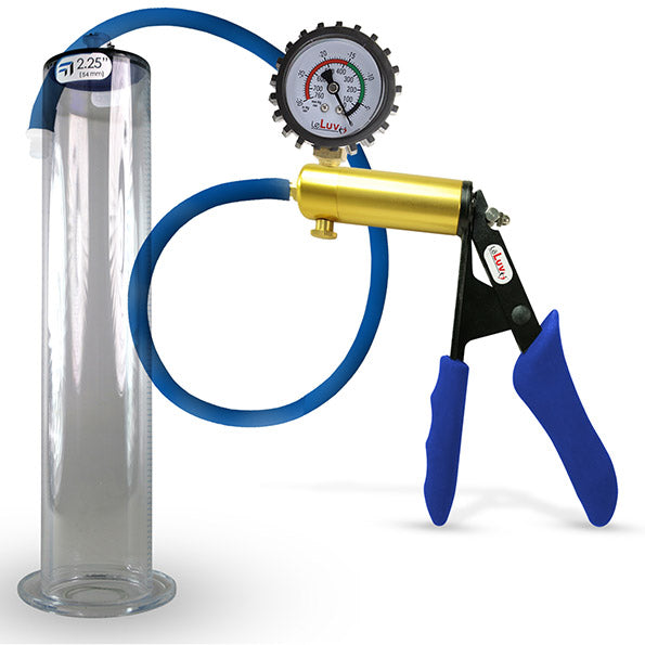 LeLuv® Ultima Brass Penis Pump - Blue Silicone Grip and Hose with Wide Flange Cylinders