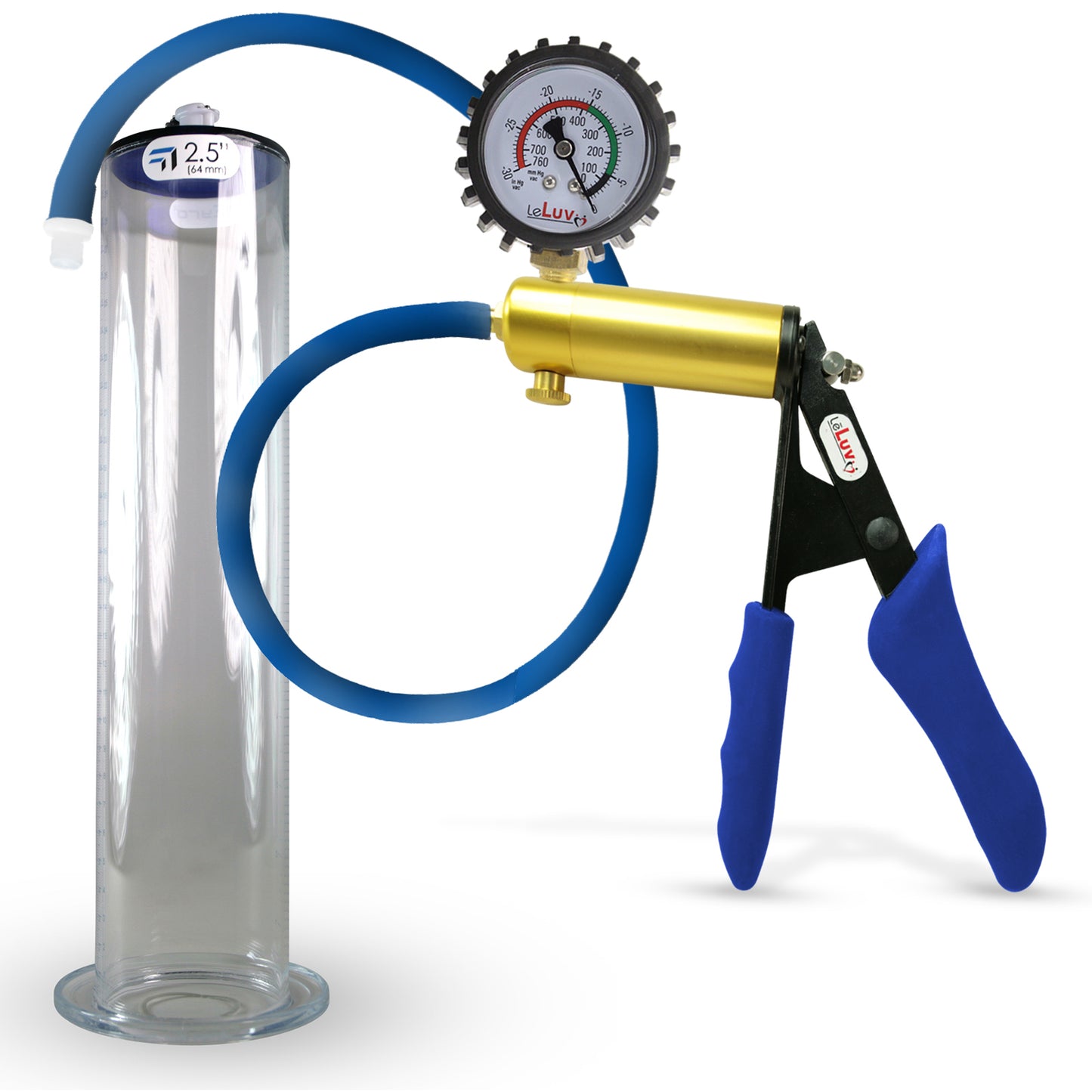 LeLuv® Ultima Brass Penis Pump - Blue Silicone Grip and Hose with Wide Flange Cylinders