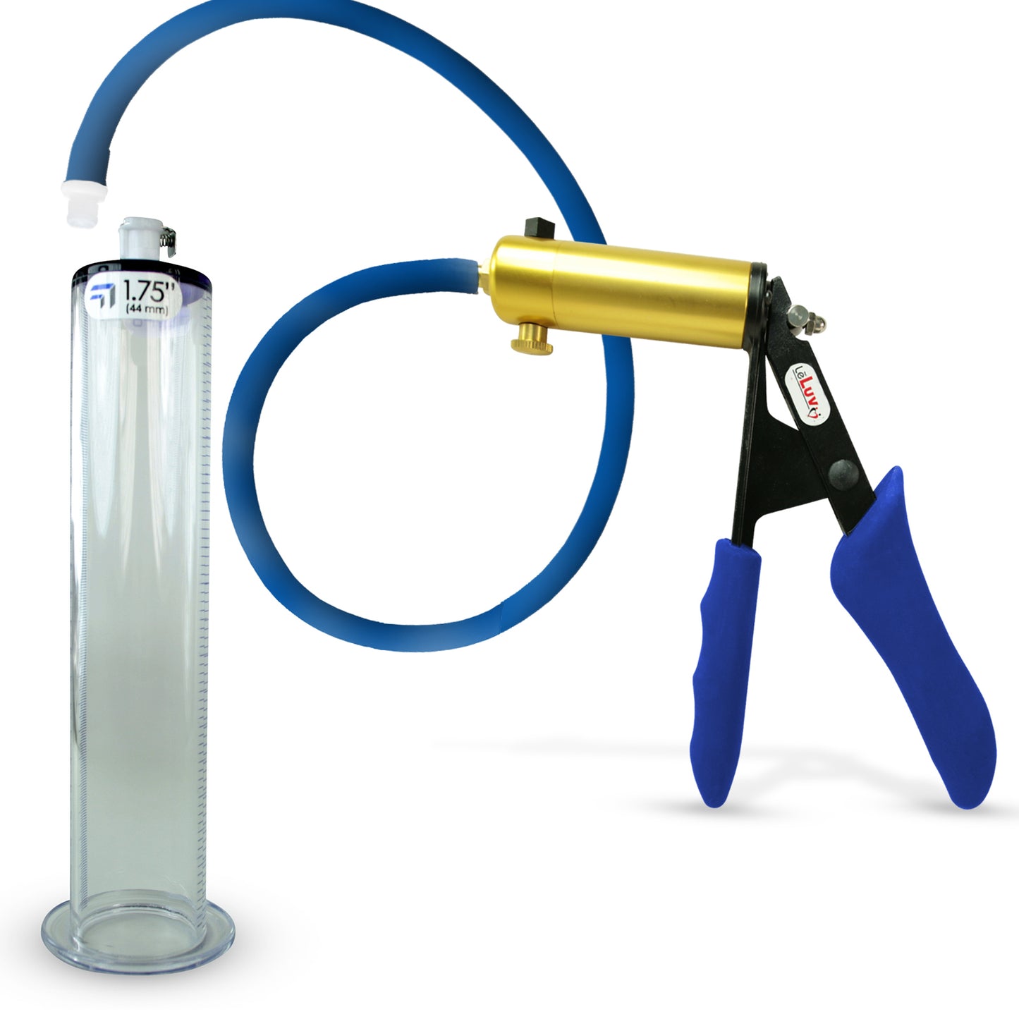 LeLuv® Ultima Brass Penis Pump - Blue Silicone Grip and Hose with Wide Flange Cylinders