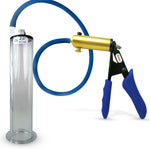 LeLuv® Ultima Brass Penis Pump - Blue Silicone Grip and Hose with Wide Flange Cylinders