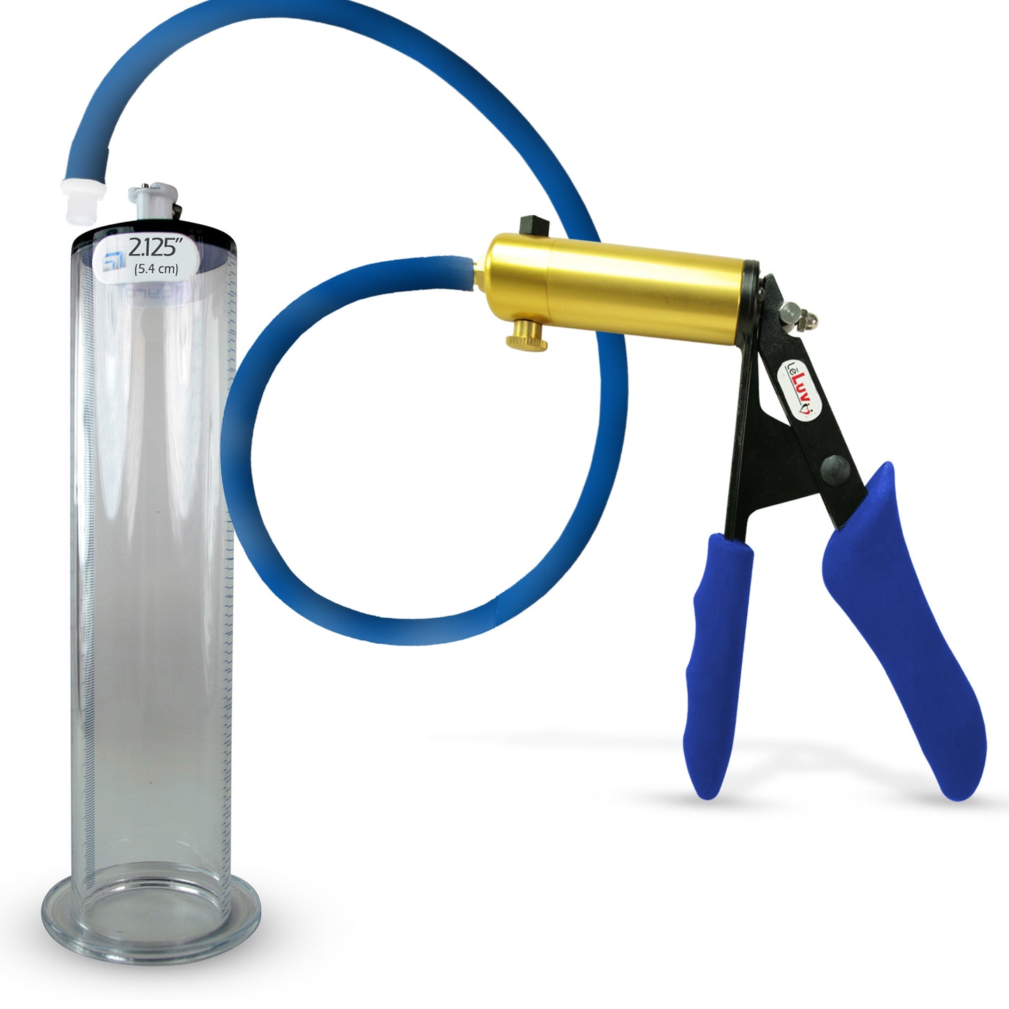 LeLuv® Ultima Brass Penis Pump - Blue Silicone Grip and Hose with Wide Flange Cylinders