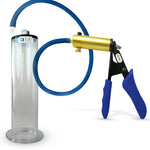 LeLuv® Ultima Brass Penis Pump - Blue Silicone Grip and Hose with Wide Flange Cylinders
