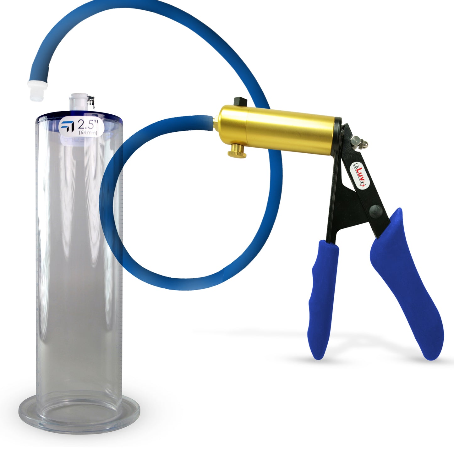 LeLuv® Ultima Brass Penis Pump - Blue Silicone Grip and Hose with Wide Flange Cylinders