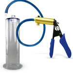LeLuv® Ultima Brass Penis Pump - Blue Silicone Grip and Hose with Wide Flange Cylinders