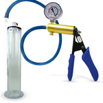 LeLuv® Ultima Brass Penis Pump - Blue Silicone Grip and Hose with Wide Flange Cylinders