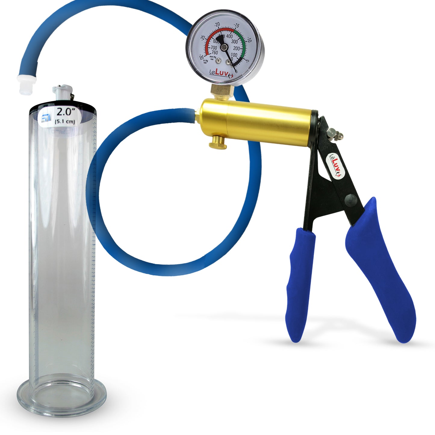 LeLuv® Ultima Brass Penis Pump - Blue Silicone Grip and Hose with Wide Flange Cylinders