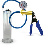 LeLuv® Ultima Brass Penis Pump - Blue Silicone Grip and Hose with Wide Flange Cylinders