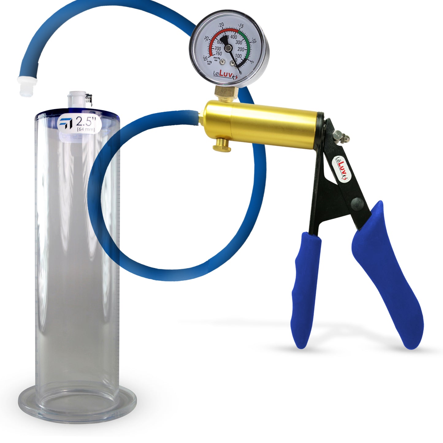 LeLuv® Ultima Brass Penis Pump - Blue Silicone Grip and Hose with Wide Flange Cylinders