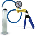 LeLuv® Ultima Brass Penis Pump - Blue Silicone Grip and Hose with Wide Flange Cylinders